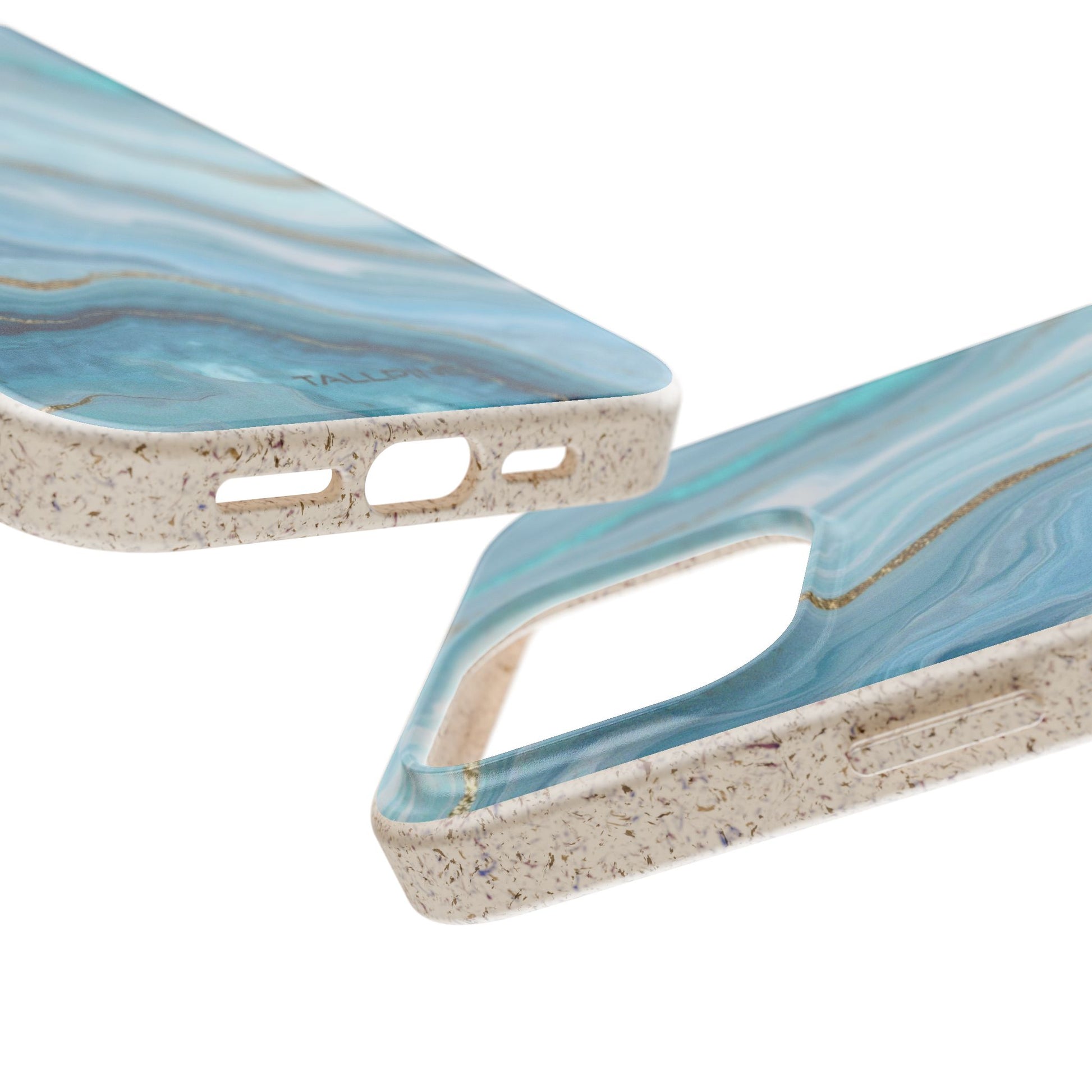 Two phone cases with blue and beige marbled design on a white background
