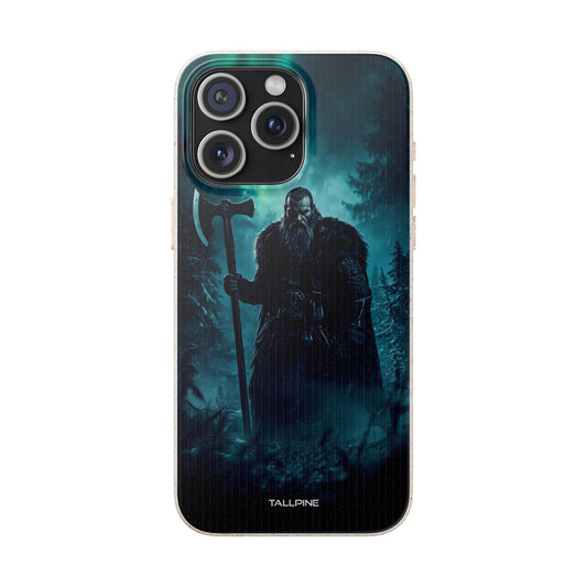 Phone case with a warrior design in a forest, featuring the brand 'Tallpine'.