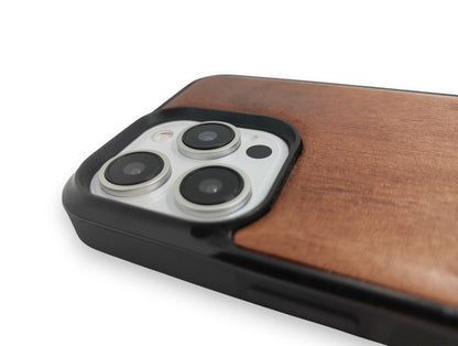 Close-up of a phone case with a wooden back and camera module on a white background